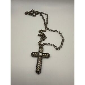 Vintage Gothic Cross Pendant Necklace Antiqued Silver Tone Faux Pearl Statement